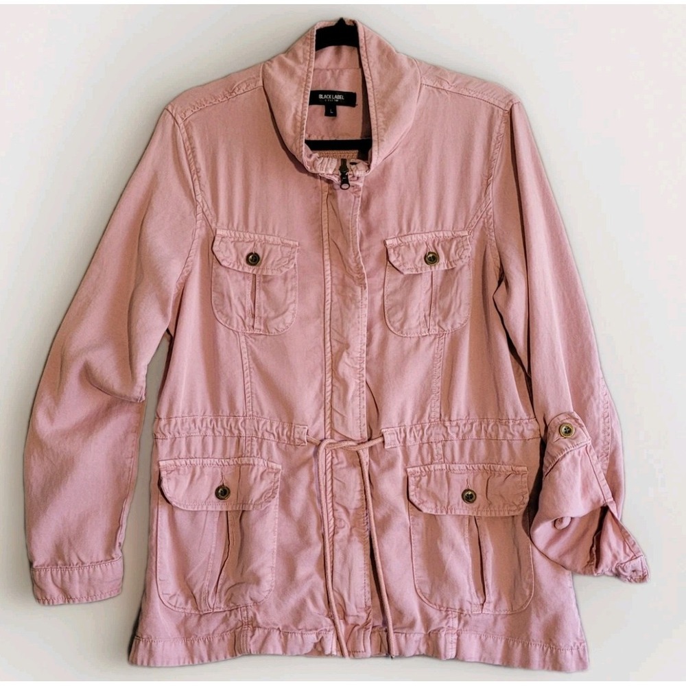Black Label C'est Toi Utility Cargo Jacket Size L Pink Snap Pockets 100% Tencel